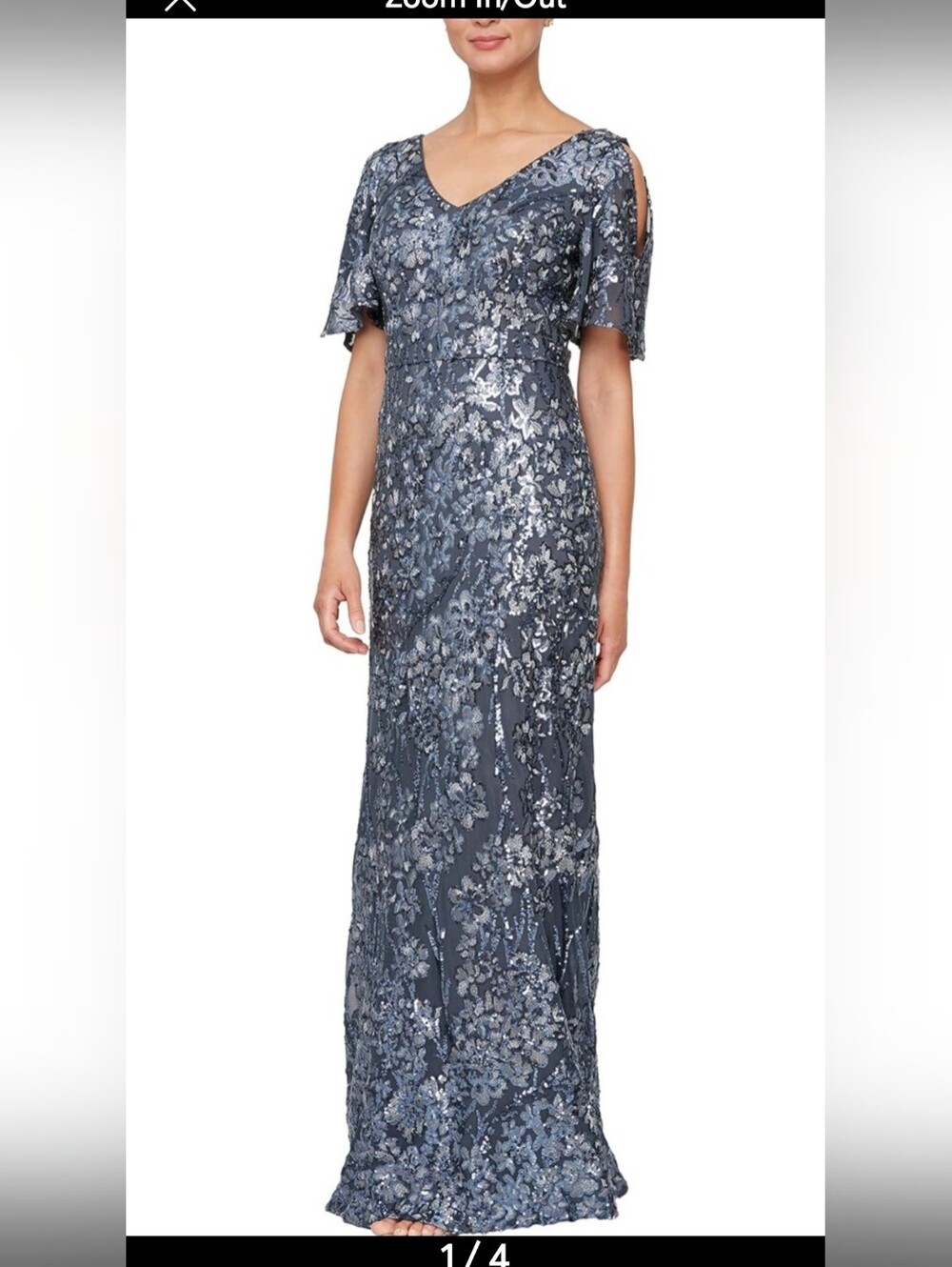 Alex Evenings Metallic Slate Blue Floral Sequin Maxi Gown Size 16 EUC